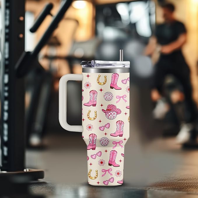 Cowgirl Pink Tumbler 40oz with Handle - Western Gifts for Women, Insulated Travel Mug, Cow Print Water Bottle, Country Girl Stuff for Horse Lovers Rodeo Mom, Christmas Birthday Present