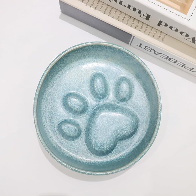 Ceramic Slow Feeder Bowl, 6.69 x 5.7 inches, Elevated Design with Paw Pattern, for Cats and Small Dogs (Blue)