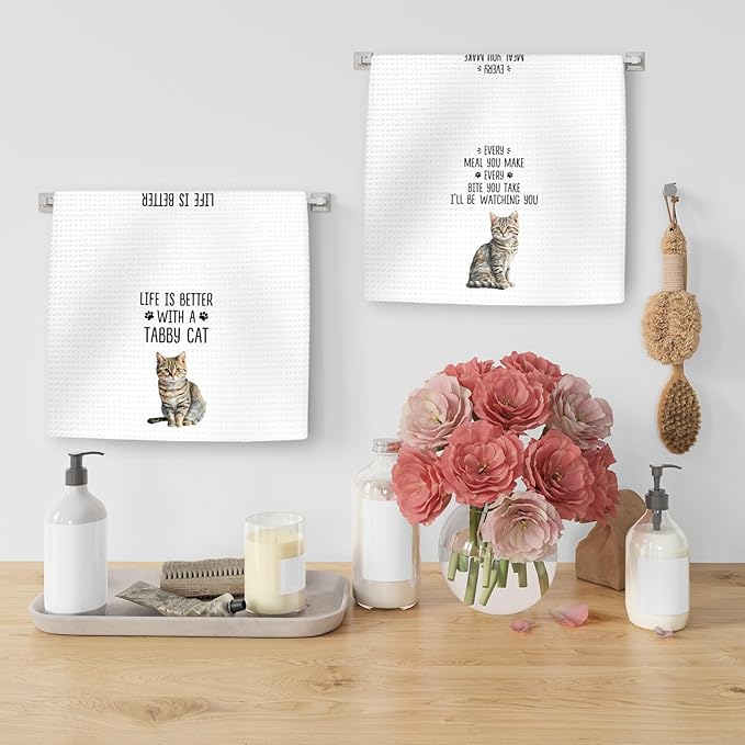 Tabby Cat Gifts Kitchen Towels Set of 2, Gifts for TabbyCat Lovers Hand Towels, Life is Better with a Tabby Cat Dish Towel Tea Towel for Kitchen, Cat Kitty Owners Kitchen Decor, 16x24In