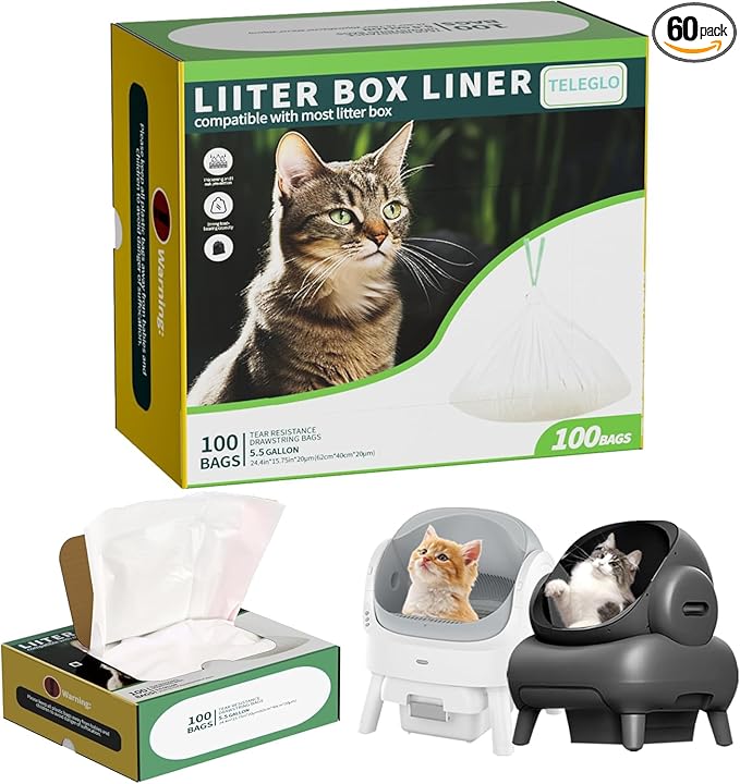 60 Count Cat Litter Bags Liners for Neakasas M1 and Petpivot 11 Open-Top Self-Cleaning Litter Box,Cat Litter Waste Bags Compatible with Automatic Litter Box.Heavy Duty Drawstring Bags
