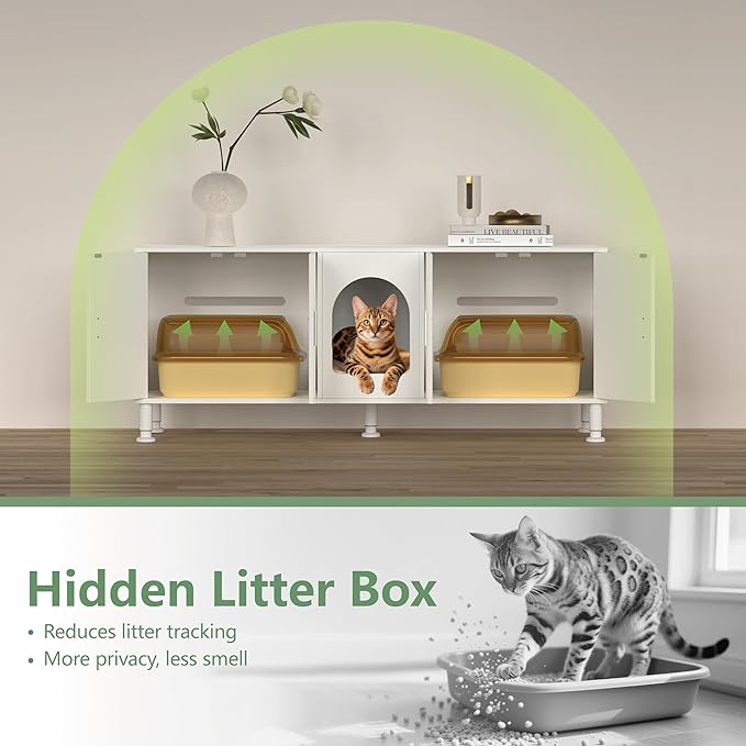 Double Litter Box Enclosure with Cat Scratch Mat & Motion Sensor Light, Wooden Litter Box TV Stand for 2 Litter Boxes & 2 Cats (White)