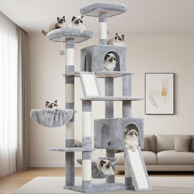 Gitelsnour Cat Tree for Indoor Cats, 71'' (180cm) Multi-Level Cat Tower for Large Adult, Sturdy Cat Tree House with 2 Scratching Boards 7 Posts, 2 Plush Perches/Condos, Hammock, Light Gray GCT032W