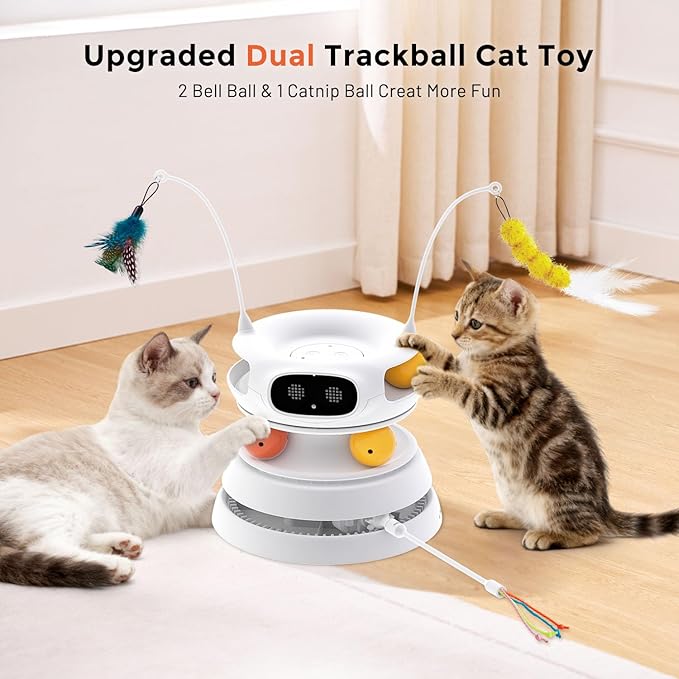 5 in 1 Interactive Cat Toys for Indoor Cats, Hide and Seek Cat Toys with Automatic Laser and Motion Activated, Fluttering Feather & Dual Track Balls with Chirping for All Breeds, Rechargeable
