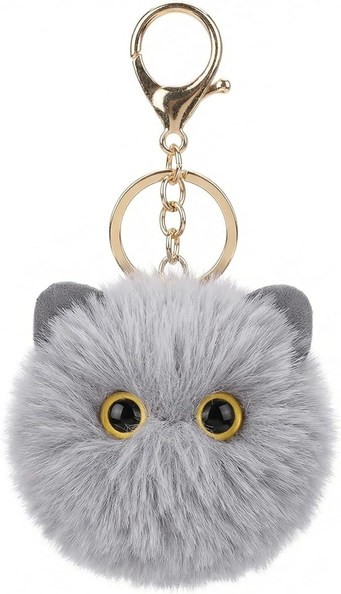 Cute Light Gray Cat Plush Keychain - Kawaii Kitten Pom Pom Keychain, Minimalist Bag Charm for Backpack Purse, Gift for Women Teens