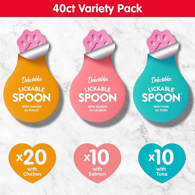 Delectables Lickable Spoon Handheld Wet Cat Treats Made with Real Tuna, Creamy Puree, Mess Free, Quick & Easy, Grain-Free, No Added Fillers, No Added Preservatives, Variety Pack 40ct