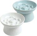 2 Pack Ceramic Slow Feeder Cat Bowl, Raised Puzzle Feeder, Anti-Vomiting, Elevated Food Bowl, Whisker Friendly (White, Blue)