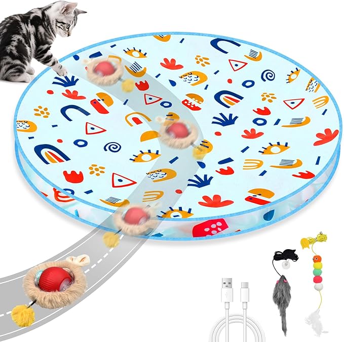 Interactive Cat Toys, Hide and Seek Cat Enrichment Toys for Indoor Cats, Automatic Cat Toy Fast Rolling Ball in Play Mat for Bored Indoor Adult Cats & 2PCS Hanging Feather Toy (28 Inch)
