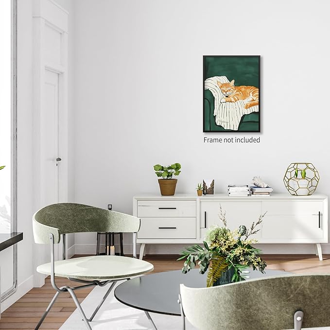 Sleeping Orange Cat poster Green Aesthetic Wall Art Preppy Funky Cute Animal Canvas Painting Gift For Cat Lover for Cozy Room Wall Decor 12x16 inch Unframed