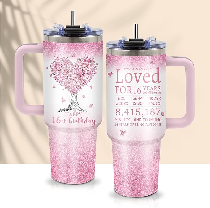 Gifts for 16 Year Old Girl - 16th Birthday Tumbler 40 oz with Straw, Pink Insulated Cup - Cool Birthday Present for Teen Girls, Daughter, Sweet 16 Gift