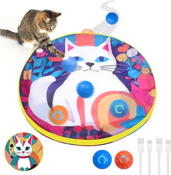 Interactive Cat Toys with 2 Fast Rolling Ball in Mat, Chirping & Motion Activated Automatic Cat Toy, Hide and Seek Games for Indoor Cats/Kitty/Kittens