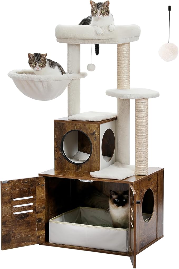 MUTTROS Cat Tree with Litter Box Enclosure, 50" Modern Cat Tree for Large/Fat Cats with Cat Condo, Wooden Cat Furniture with Large Hammock and Top Perch, Rustic Brown