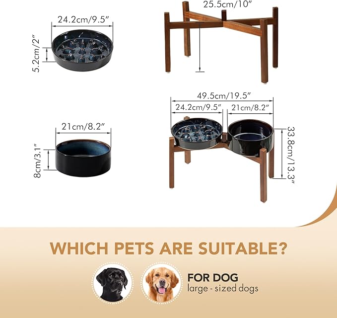 Ceramic 3.2 Cup Raised Slow Feeder Dog Bowl Set, Elevated 8.2inch Bowl and 9.5inch Slow Feeder Dish with Acacia Wood Stand for Large Dog (2 x Starry Sky+ Stand)
