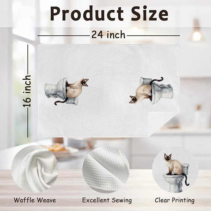 Funny Siamese Cat Hand Towels for Washroom Bathroom Toilet Decor, Siamese Cat Gifts for Women Men, Cat Lover Gift Decorative Hand Towels Set of 2, Kitty Themed Dish Tea Towel, 16x24 Inch