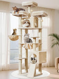 Taoqimiao 76-Inch Cat Tree with Scratching Posts,XXL Cat Tower for Large Cats with Cat Scratching Board,Extra-Large Metal Hammock,3 Perches, 2 Big Condos, Hanging Basket, MS047M, Beige