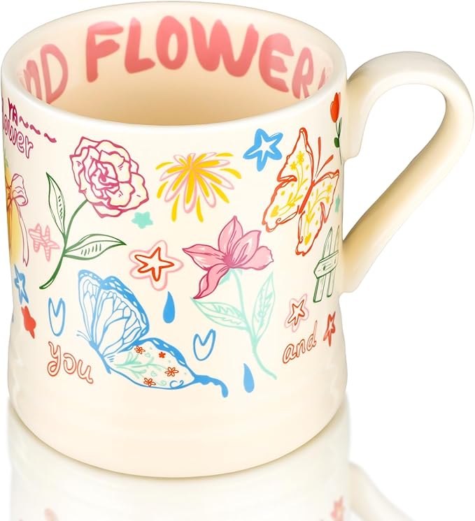 Flower Mug, Butterfly Gifts for Women, Funny Aesthetic Ceramic Cup for Cappuccino Espresso Tea Milk Juice, Cute Coffee Mug for Christmas Holiday Party, Dishwasher Safe