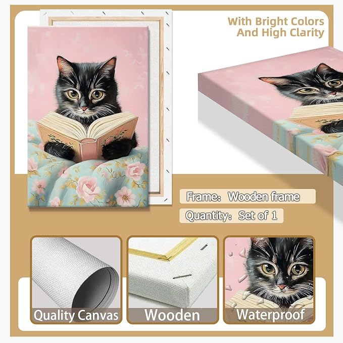 Vintage Cute Cat Canvas Wall Art Funny Cat Covered With Quilt Reading A Book Poster Trendy Cat Lovers Animal Aesthetic Prints Painting For Girls Room Bedroom Dorm Wall Decor 16x24in Framed