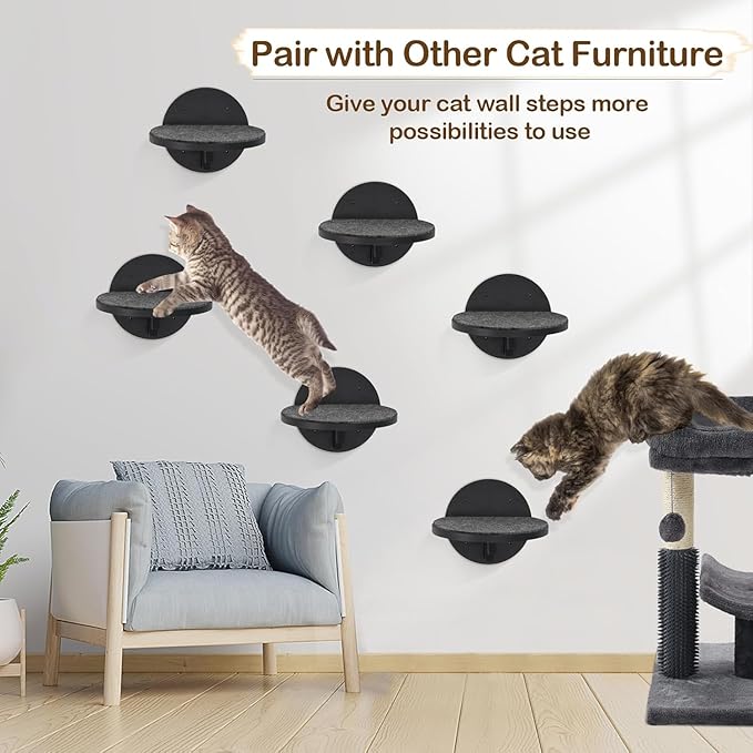 Cat Wall Shelves Furniture Set of 6, Wooden Cat Steps for with Scratching Pad, Sturdy Floating Climber Ladder Stairs, Cats Climbing Wall Systems for Cats Sleep Climb Play