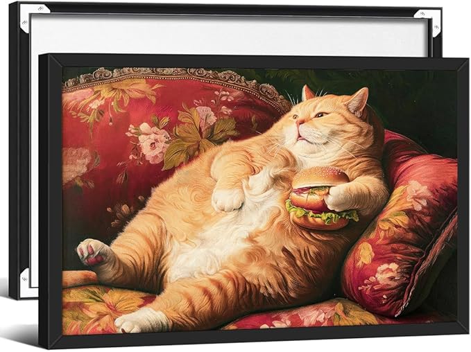 Victorian Renaissance Canvas Poster Funny Fat Cat With Hamburger Wall Art Lying In Sofa Cute Cat Painting Wall Decor 24x36 inch Black Framed for Animal Lover Gift