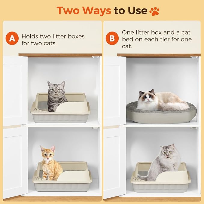 Litter Box Enclosure for 2 Cats, Hidden Litter Box Furniture with Scratch Pad, Double Litter Boxes Enclosure, Wooden Cat Washroom, Indoor Cat House End Table, White and Walnut CWBZ3201