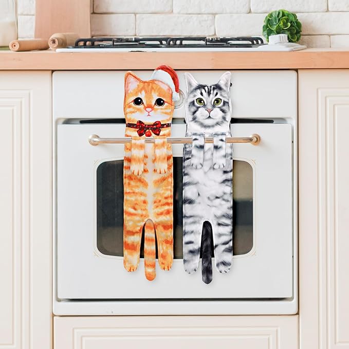 Funny Hand Towels for Bathroom Kitchen Decor - Cute Cat Hanging Hand Towel Kitchen Gadgets - Unique Housewarming Birthday Christmas Cat Lover Gift Ideas for Women Mom Lady Adults