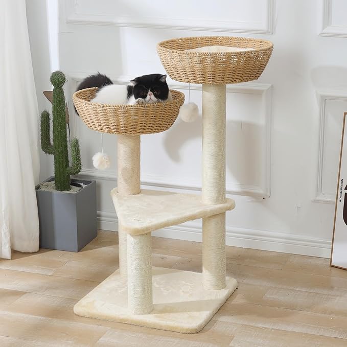 SHENGOCASE Cat Tree Tower with Rattan Wicker Basket, 2 Handwoven Large Nest Baskets Bed, Window Perch for Large Cats up to 20LBS