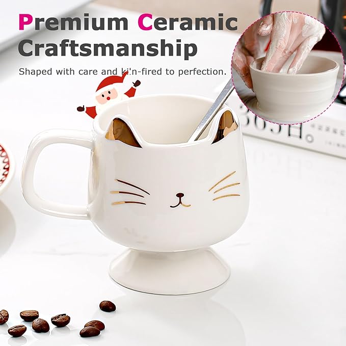 Christmas Mugs High-Footed Ceramic Cat Mug – 13.5oz Unique Coffee Cup with kitty Expression Design, Fun Gift for Women, Girls, Kids, Cat Lovers (white)