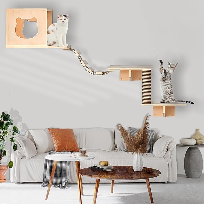 Cat Wall Shelves, 3 Levels Cat Furniture with 1 Condo, 2 Shelves, 1 Scratching Post, 1 Bridge Ladder, Pine Wood