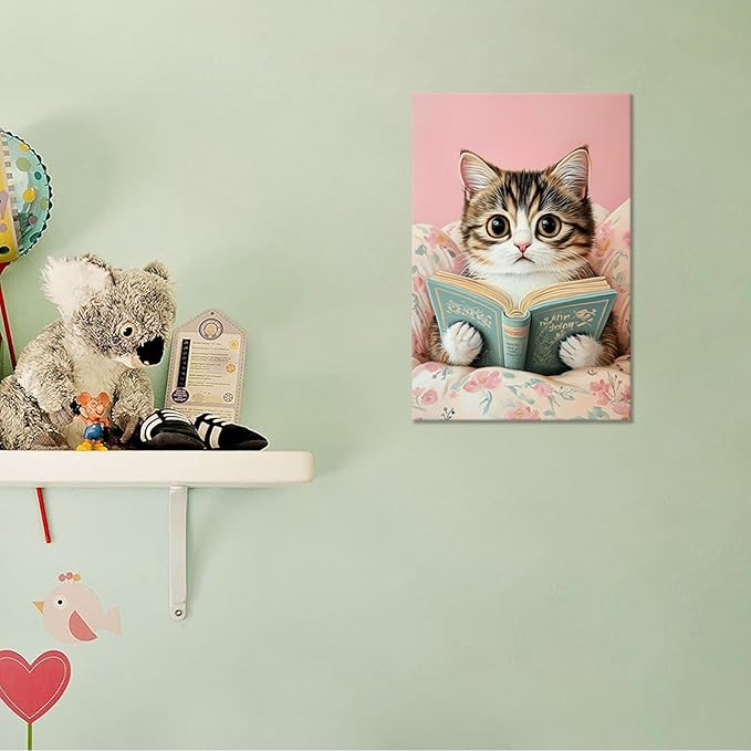 Funky Cute Cats Reading Books Canvas Wall Art Funny Pet Cat Animal Poster Trendy Pink Flower Wall Decor Cat Lovers Prints Painting For Home Bedroom Kids Room Dorm Wall Decor 16x24in Framed