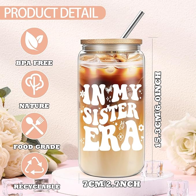 Sisters Christmas Gifts from Sister, Happy Birthday Sister Gifts, Unique Friendship Gift Set with 16oz Glass Cup for BFF Grandma Mom Daughter Teacher