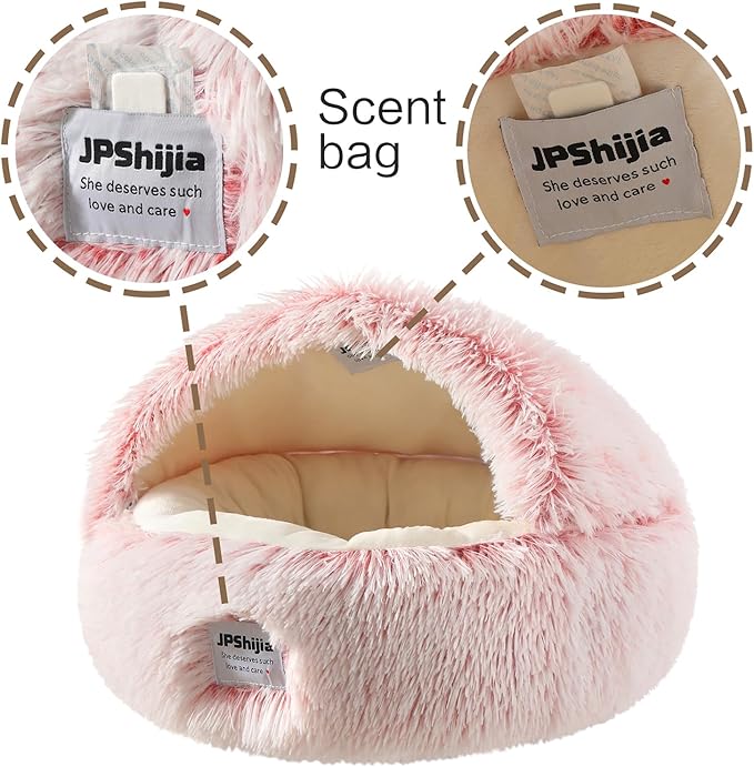 Hooded Dog Bed, Cat Cave Bed with Removable Hood, 2-in-1 Convertible Donut Cat Bed, All Season Fluffy Pet Bed for Cats Small Dogs (Cave Bed - Pink, Medium 19.7 Inches)