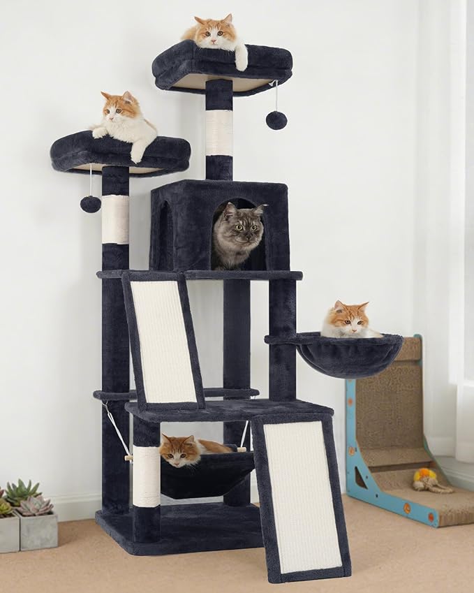 Gitelsnour Multi-Level Cat Tree for Indoor Cats, Cat Tower with 2 Scratching Boards, 2 Plush Padding Platforms, Cat Condo House with Hammock, Basket, Smoky Gray GCT022G