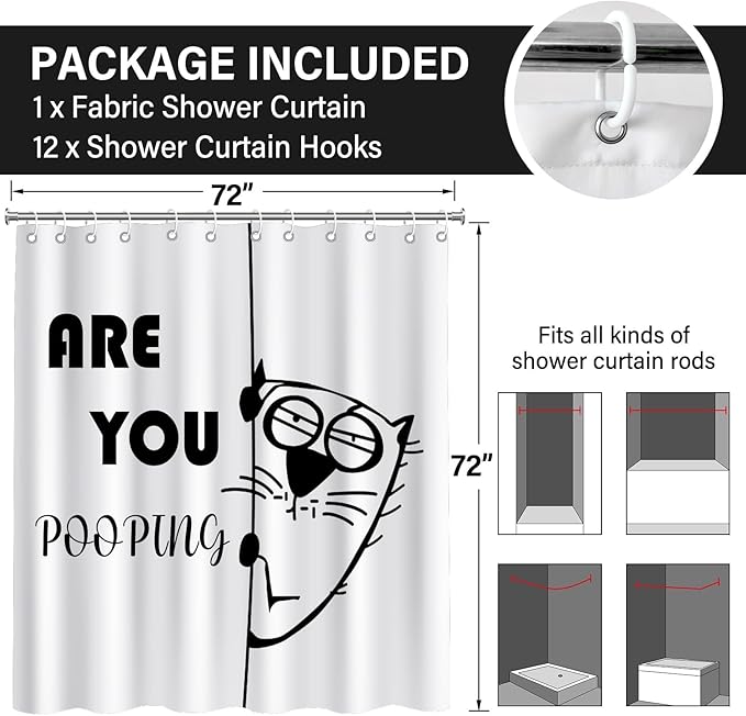 Humor White and Black are You Pooping Shower Curtain,Funny Silly Cat Shower Curtains,Novelty Waterproof Polyester Minimalism Bathroom Decor,72x72 in