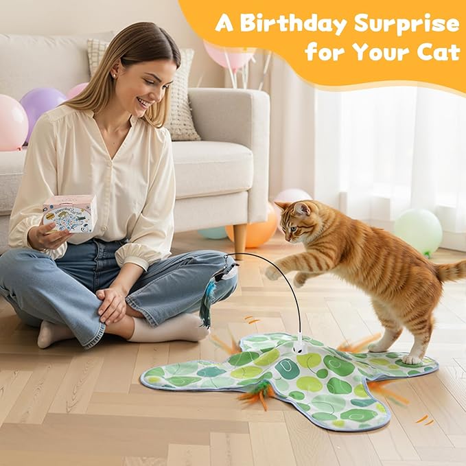Interactive Cat Toys with Bird, Hide and Seek Cat Toy, 2 in 1 Automatic Moving Concealed Feathers for Indoor Cats, Non-Slip Suction, Touch Activated, USB Rechargeable, Green