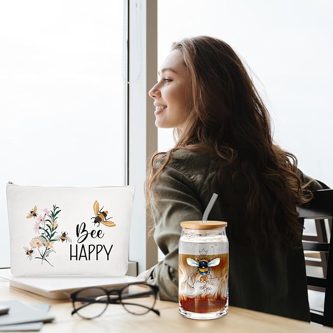 Hushee 3 Pcs Bee Theme Gifts for Mother Day Happy Makeup Bag and Glass Cup with Lid Straw Keychain Inspirational for Mom Friend Sister Coworker