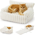 COZY KISS Cute Cat Bed with Removable Cover, Multifunctional Plush Faux Fur Pet Couch Bed with Blanket, Ultra-Soft Pet Furniture for Cats & Small Dogs (Cream, S: 25''x18'')