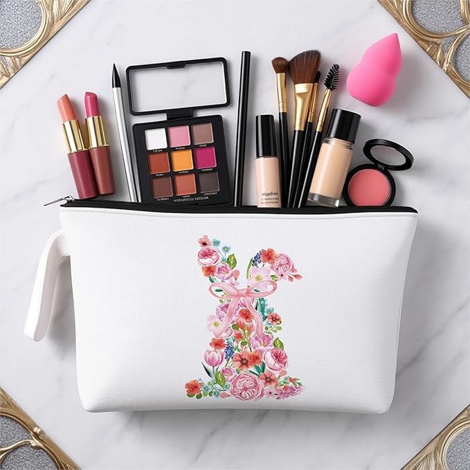 Pink Easter Makeup Bag - Watercolor Floral Easter Bunny Makeup Bag, Watercolor Floral Bunny Themed Gifts for Girls Mom Women, Cosmetic Travel Bags for Women