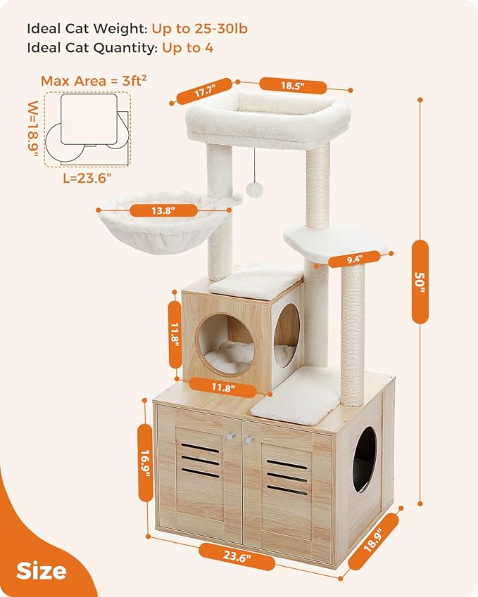 MUTTROS Cat Tree with Litter Box Enclosure, 50" Modern Cat Tree for Large/Fat Cats with Cat Condo, Wooden Cat Furniture with Large Hammock and Top Perch, Beige