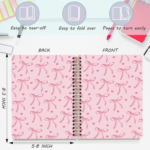 2 Packs Pink Bow Spiral Notebook College Ruled Trendy Notebook Journal Preppy Coquette Stuff Gifts for Women Teen Girls Journals for Writing Journaling Notebooks Office Classroom Supplies