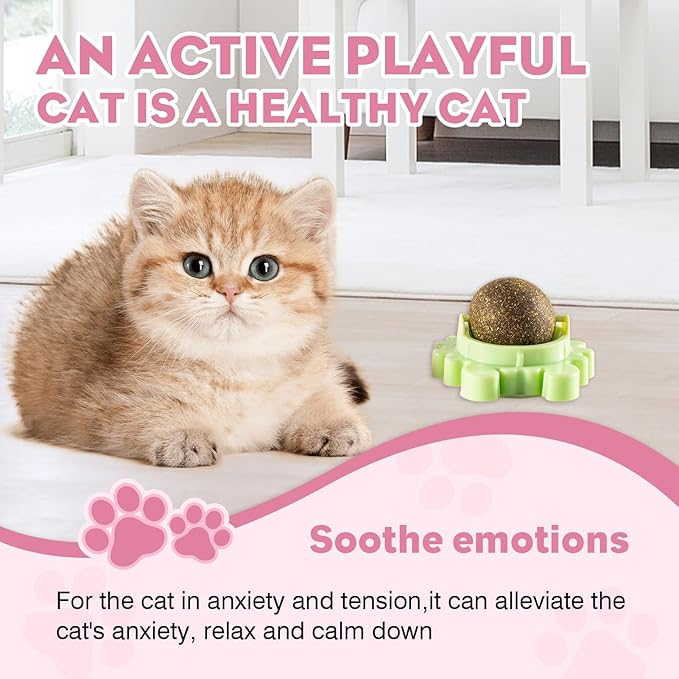 360° 4 Pack Catnip Ball for Cats Wall Mounted with Licking Roller and Spinning Motion - Interactive Treat Toy for Indoor Cats, Promotes Teeth Cleaning, Anxiety Relief and Active Play