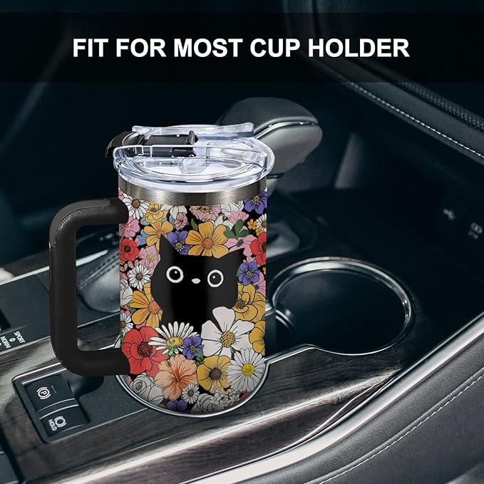 Cat Lover Gifts, Flower Bushes and Black Cats Tumbler 40Oz, Christmas Birthday Gift for Cats Lovers Women Cup Vintage Flowers Aesthetic Cute Cat Themed Stuff Funny Coffee Cup