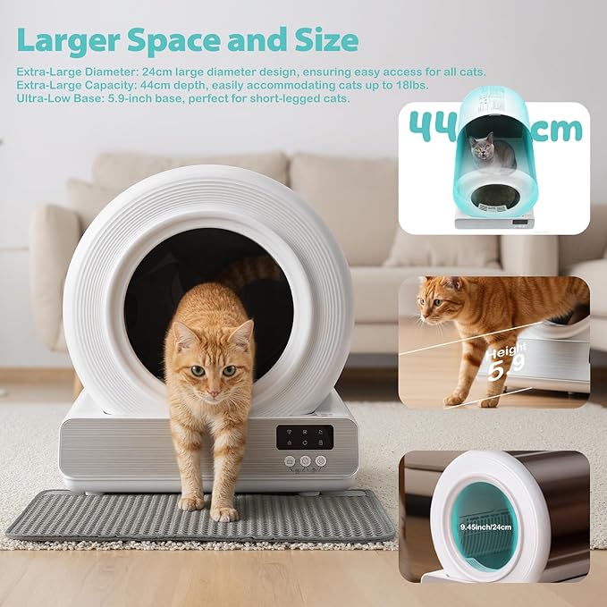 Stainless Steel Self-Cleaning Cat Litter Box, Smart APP Control Automatic Litter Box with Safety Sensors, Odor Control, Low-Entry, Large Capacity Design for Multiple Cats (White)