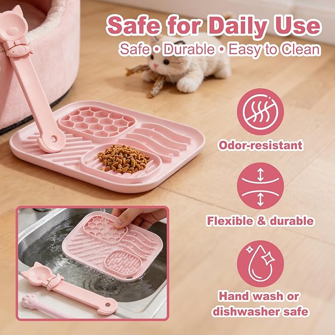 AZY 3-Piece Slow Feeder cat Bowl and Lick Mat Set – Silicone Cat Treat Spoon, Feeding Mat for Wet Food, Enrichment and Slow Eating
