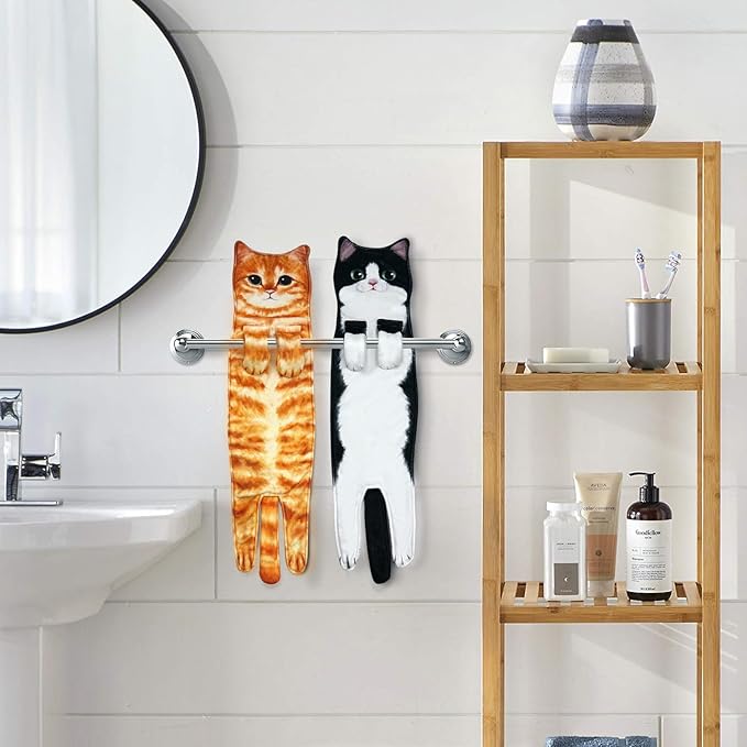 PAT US Funny Cat Hand Towels for Bathroom Kitchen Decor, Cute Decorative Hanging Face Towels, Super Absorbent Soft Polyester Nylon, Housewarming Gift, Cat Lovers Gifts for Women (4 Pack)