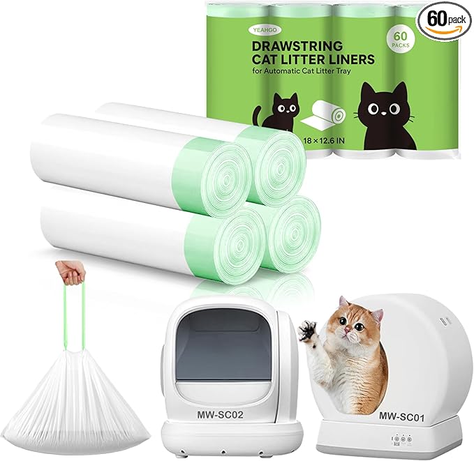 Automatic Cat Litter Box Liners Bags, Self-Cleaning Kitty Litter Liners Bags Compatible with MeoWant-SC01 & MeoWant-SC02, Heavy-Duty Thick Drawstring Replacement Liner Bag 18" x 12.6" (60 PCS)