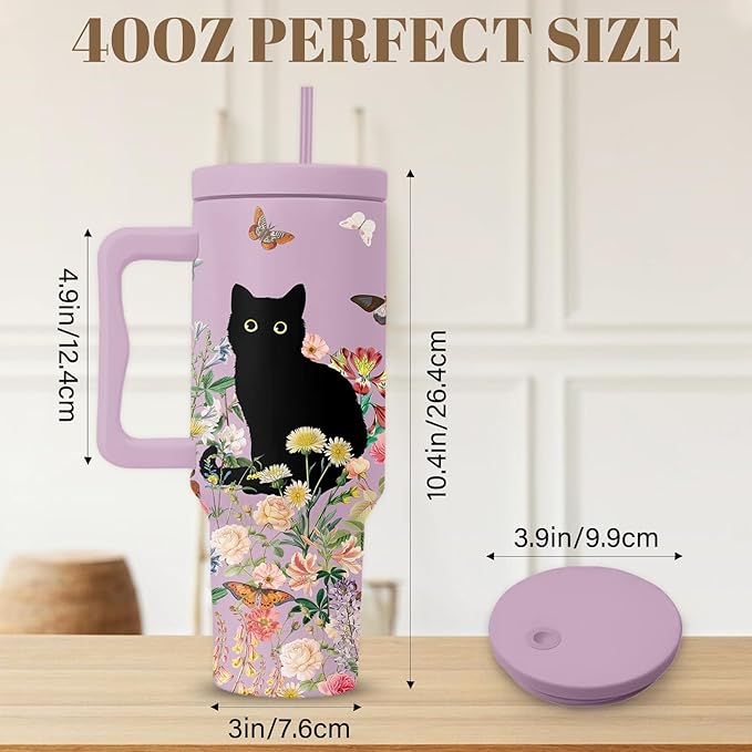 Cat Lover Gifts For Women, Stainless Steel Tumbler With Handle 40 Oz, Best Gifts For Cat Lovers, Birthday Christmas Valentine Anniversary Floral Gift For Women, Floral Tumbler Mug Cup