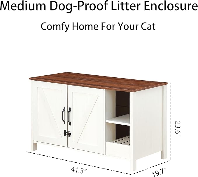 41.3'' Cat Litter Box Enclosure,Adjustable Shelf for Dog Proof and Storage,Locks Added for Cat,Litter Collector,Modern Indoor Cat Washroom Cabinet,Antique White