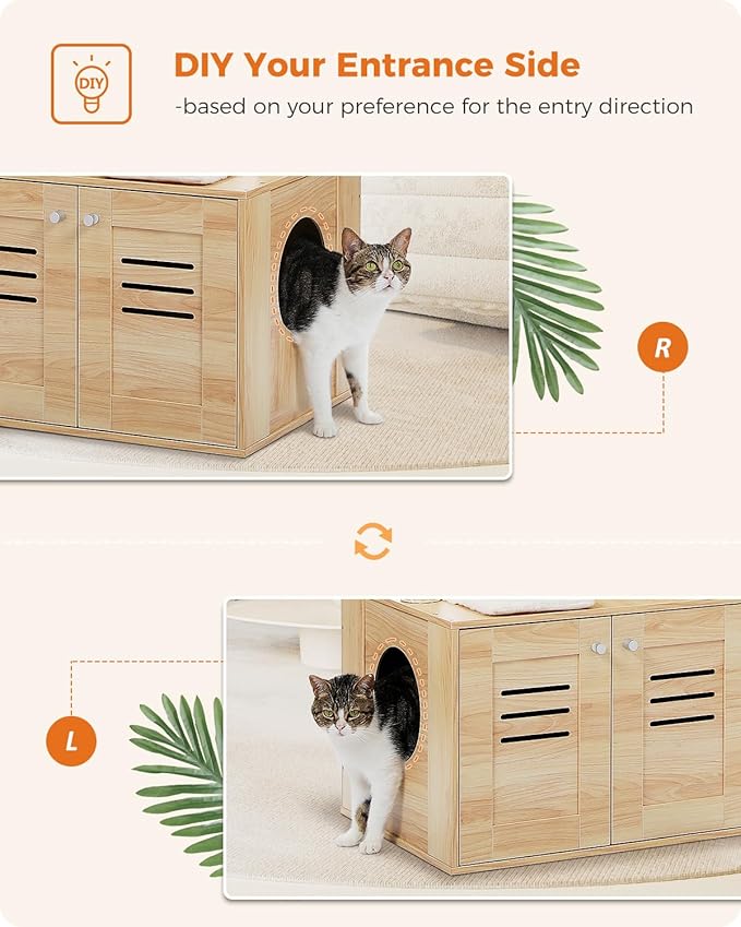 MUTTROS Cat Tree with Litter Box Enclosure, 50" Modern Cat Tree for Large/Fat Cats with Cat Condo, Wooden Cat Furniture with Large Hammock and Top Perch, Beige