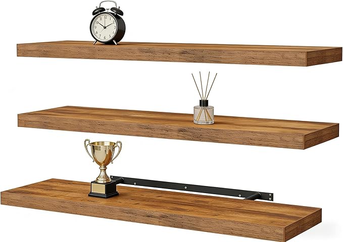 Vervida® Floating Shelves, 47.2 inch Wall Mounted Rustic Wood Shelves for Bathroom, Bedroom, Living Room, Kitchen, Office, Hanging Shelf for Books/Storage/Decor(Rustic Brown,Set of 3)