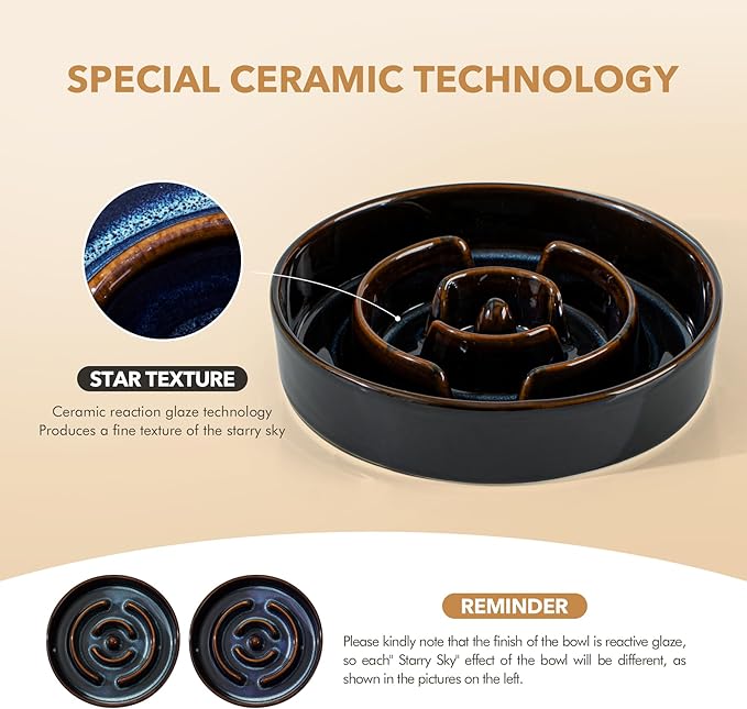 Ceramic 3.2 Cup Dog Bowl Slow Feeder for Large Dog, 9.5inch Pet Slow Dish, Stop Bloat, Preventing Choking(Single Bowl, Starry Sky)