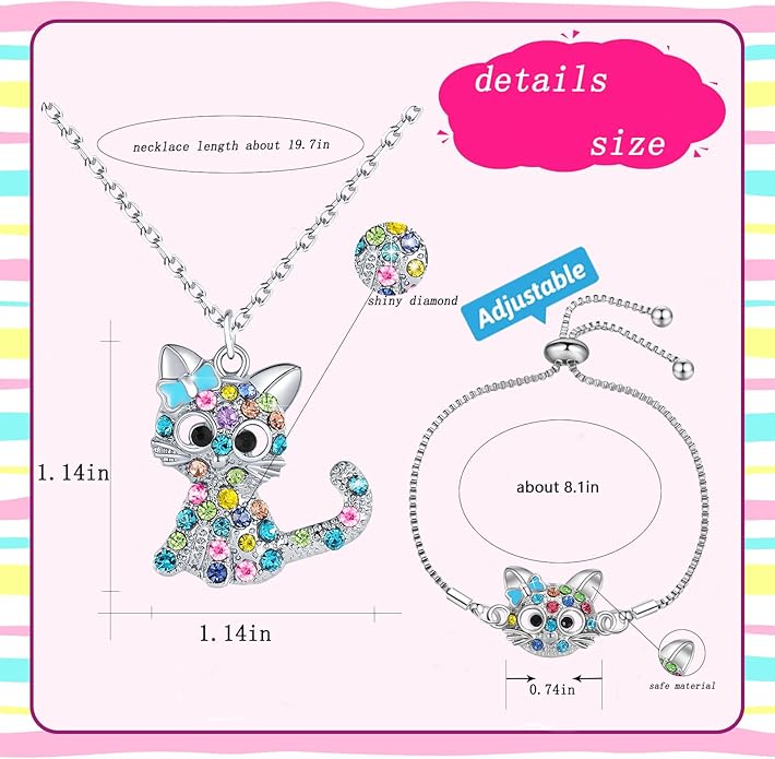 Lovely Rainbow Rhinestone Cat Jewelry Set For Girls Pendant Necklace Girl Jewelry Gift For Girls Daughter Granddaughter Niece Christmas Gift Girl Birthday Gift over 3 years old.